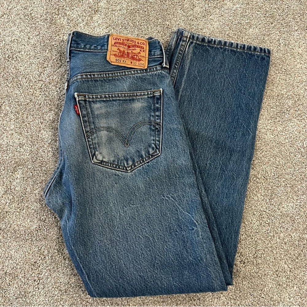 Levi Levi’s Men 32x34 Blue Denim Jeans 501 XX  VTG Vintage Cotton  Button Pants, - Picture 2 of 16